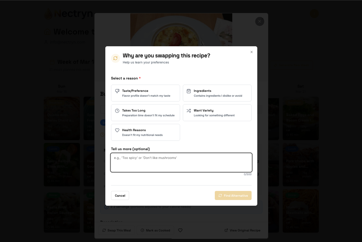 Recipe swap modal screenshot